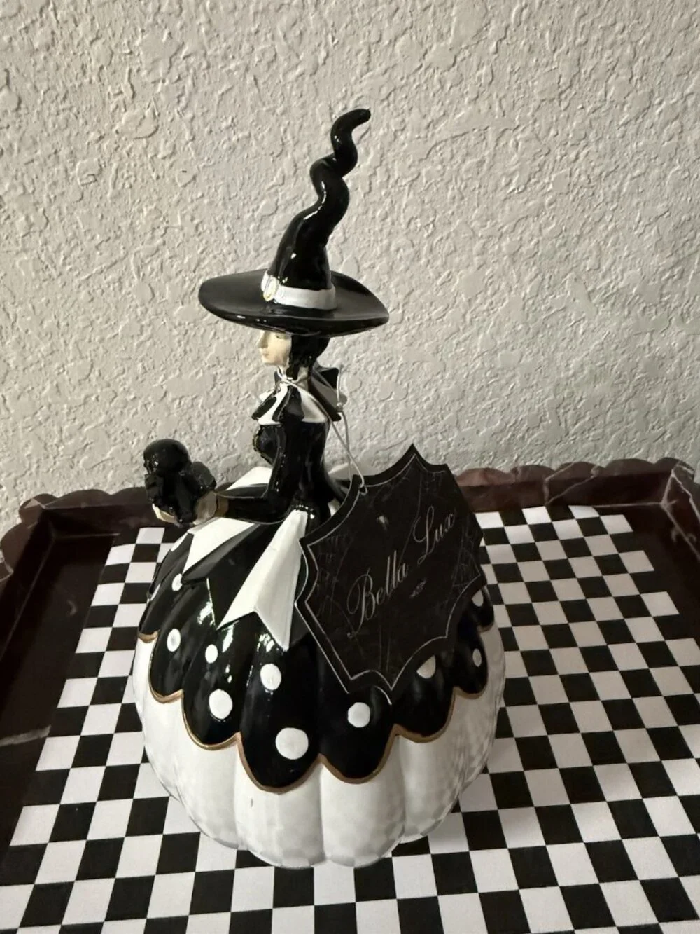 TikTok Bella Lux Halloween Witch Figurine Pumpkin Owl Black Polka Dot 10